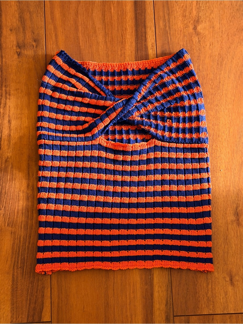 Striped Rib Knit Twist-Front Crop Top - Orange & Navy